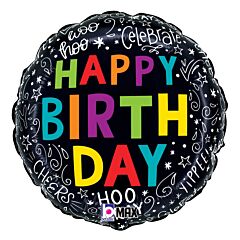 #345 Black & Swirl Birthday 18in Printed Mylar