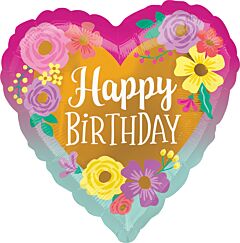 #340 Heart & Flowers Birthday 18in Printed Mylar