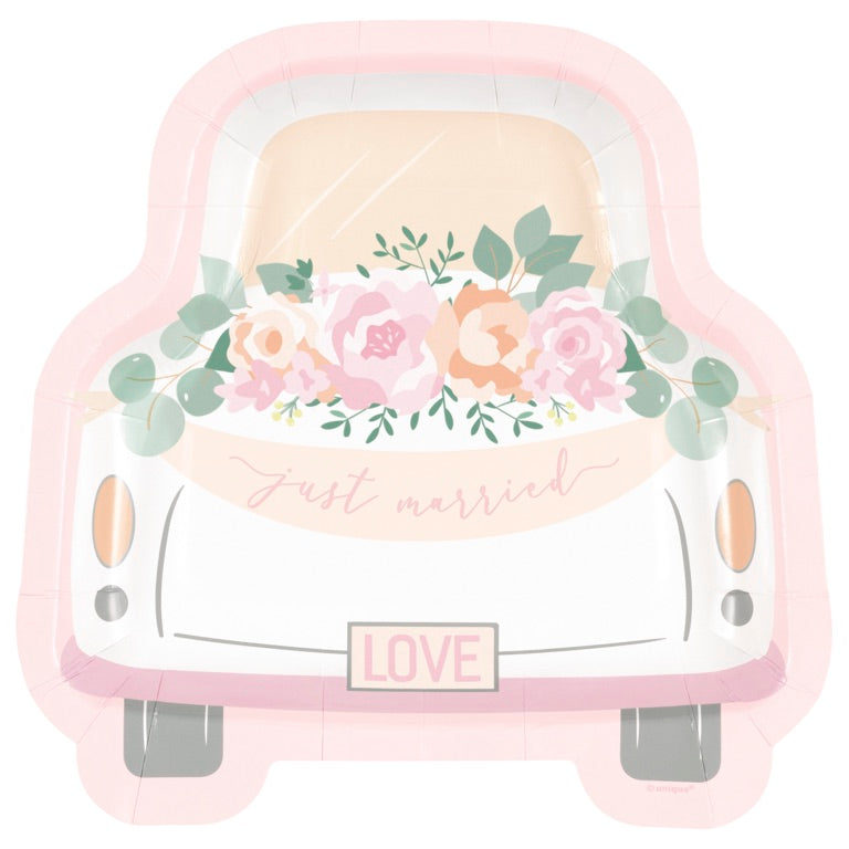 Pink Blooms "Just Married" Car-Shaped 8.25" Plates 8ct