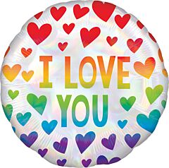 #518 I Love You Iridescent Rainbow Hearts 18in Printed Mylar