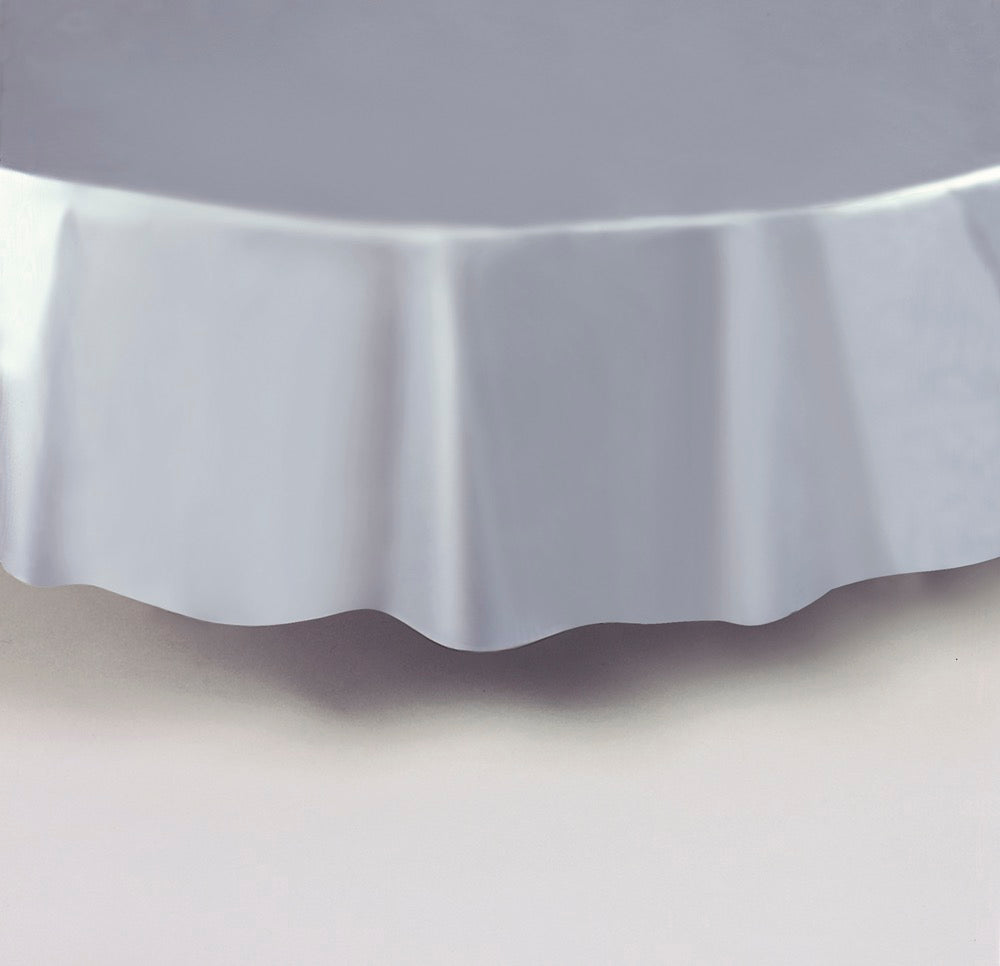 Silver Round Plastic Table Cover 84in