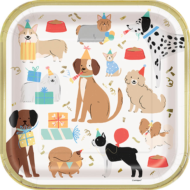 Pawty Animals Dog Square 9in Dinner Plates 8ct - Foil Stamping