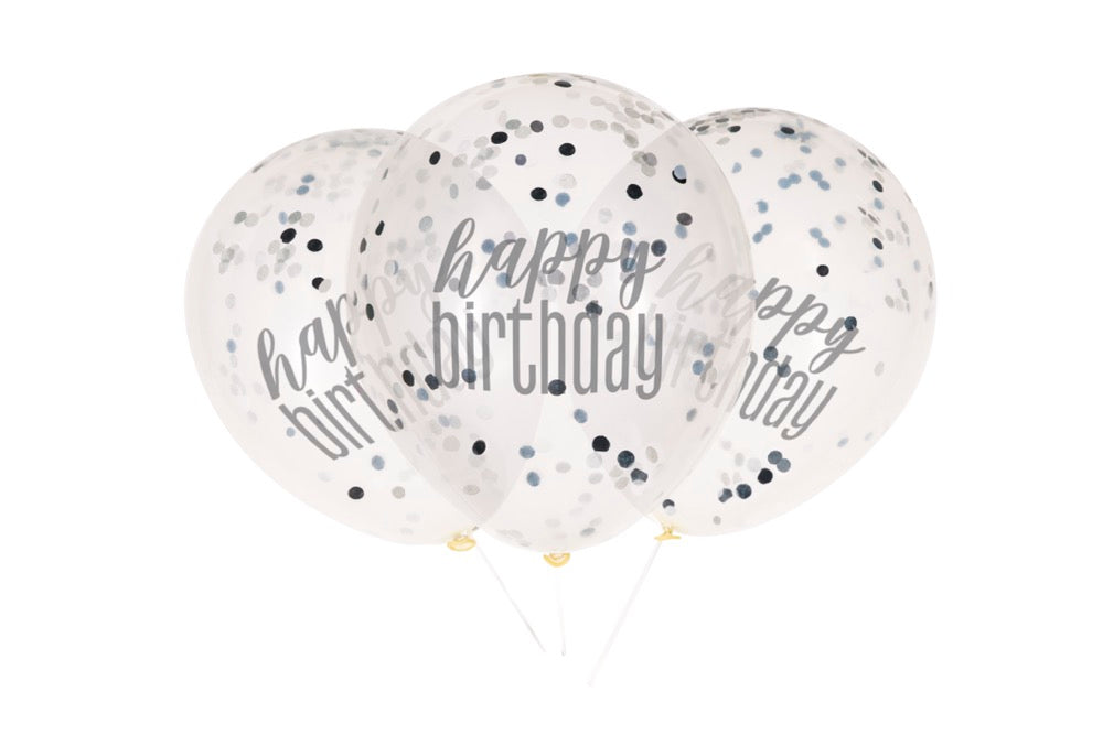 Glitz Black Happy Birthday Clear Balloons with Confetti 6ct