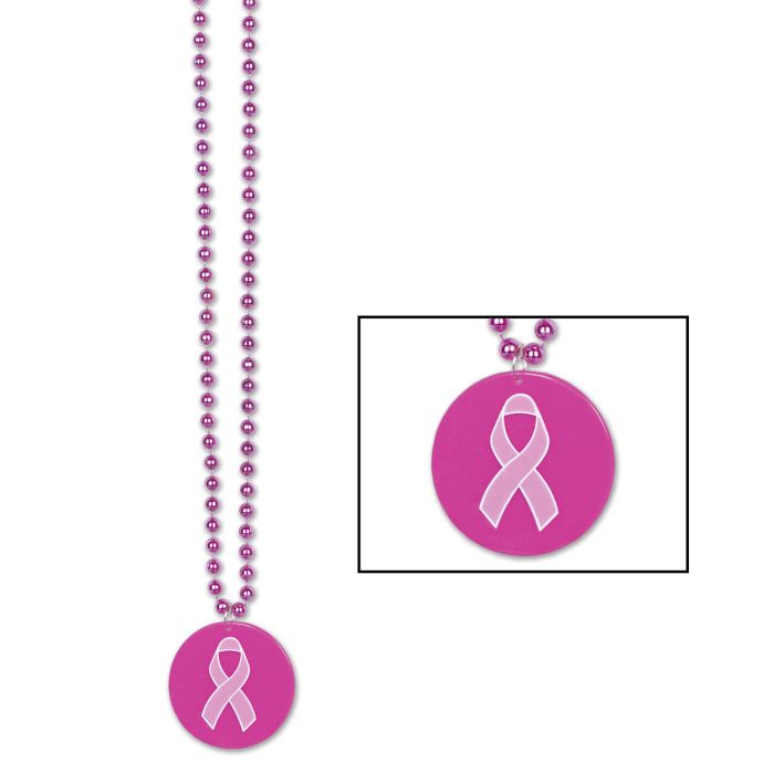 Beads With Printed Pink Ribbon Medallion