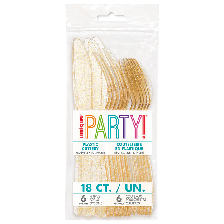 Gold Glitter Assorted Plastic Cutlery 18ct