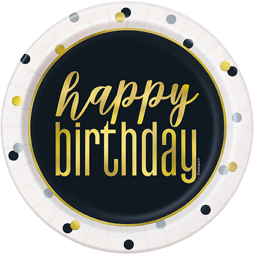 Metallic Happy Birthday Round 7in Dessert Plates 8ct - Foil Board
