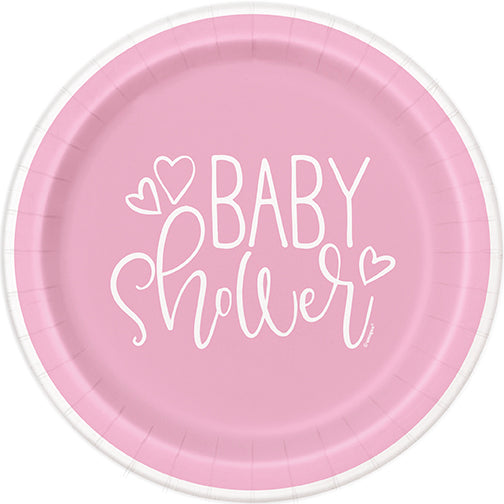 Pink Hearts Baby Shower 7in Round Dessert Plates 8ct