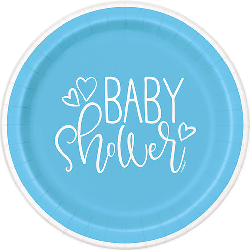 Blue Hearts Baby Shower Round 7in Dessert Plates 8ct
