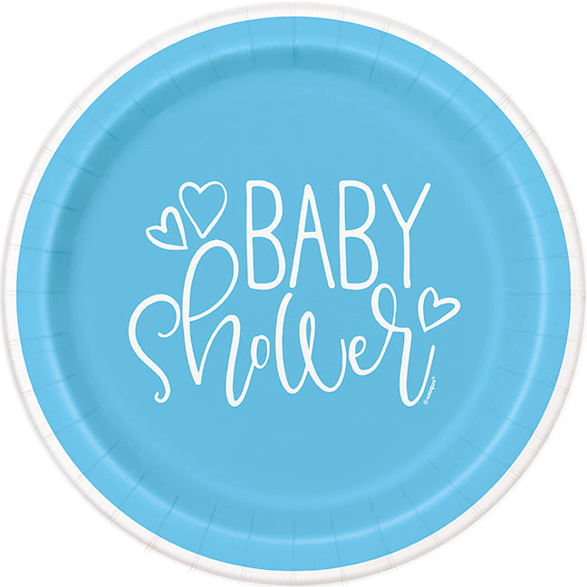 Blue Hearts Baby Shower Round 9in Dinner Plates 8ct