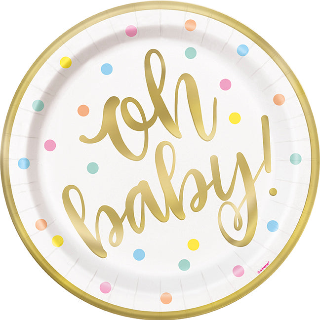 Oh Baby Gold Baby Shower Round 9in Dinner Plates 8ct