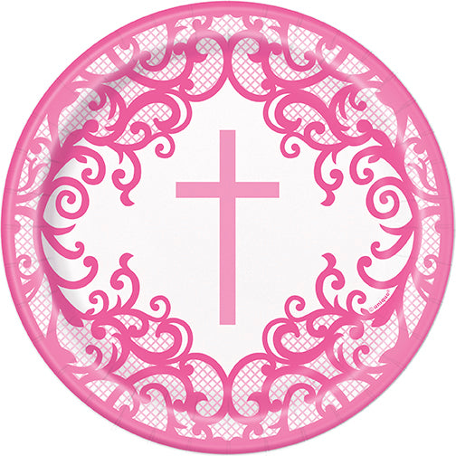 Fancy Pink Cross Round 7" Dessert Plates 8ct