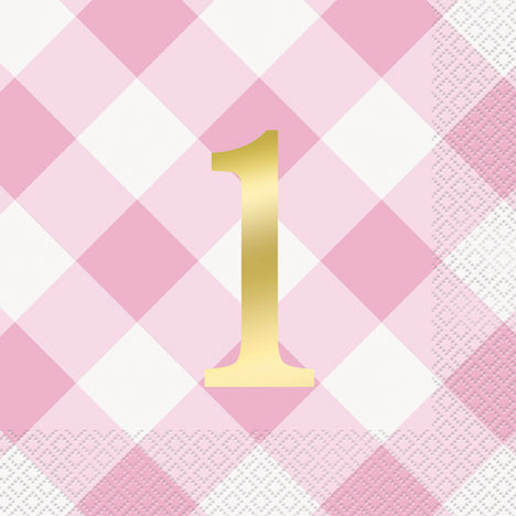Pink Gingham 1st Birthday Lunch Napkins 16ct