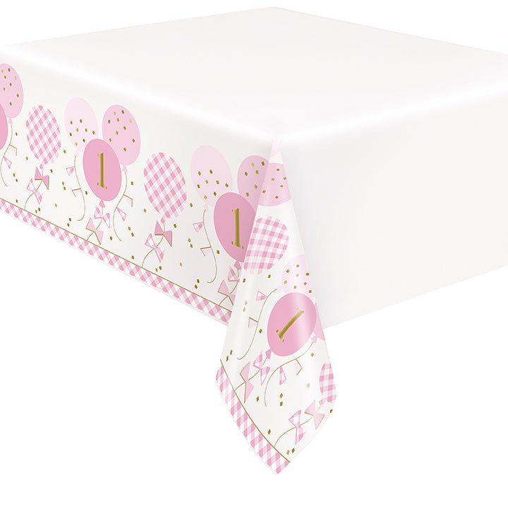 Pink Gingham 1st Birthday Rectangular Plastic Table Cover 54in x 84in