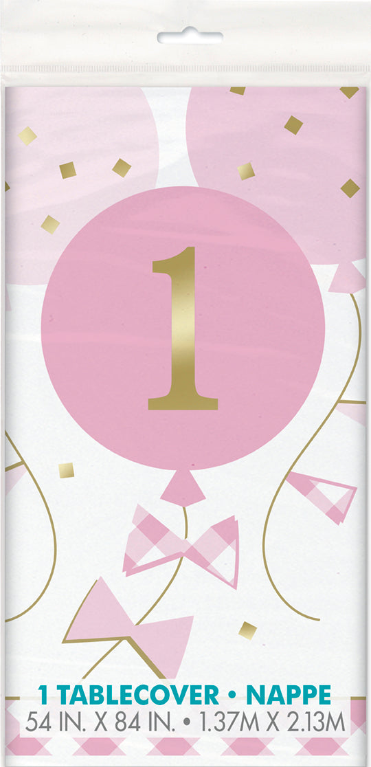 Pink Gingham 1st Birthday Rectangular Plastic Table Cover 54in x 84in
