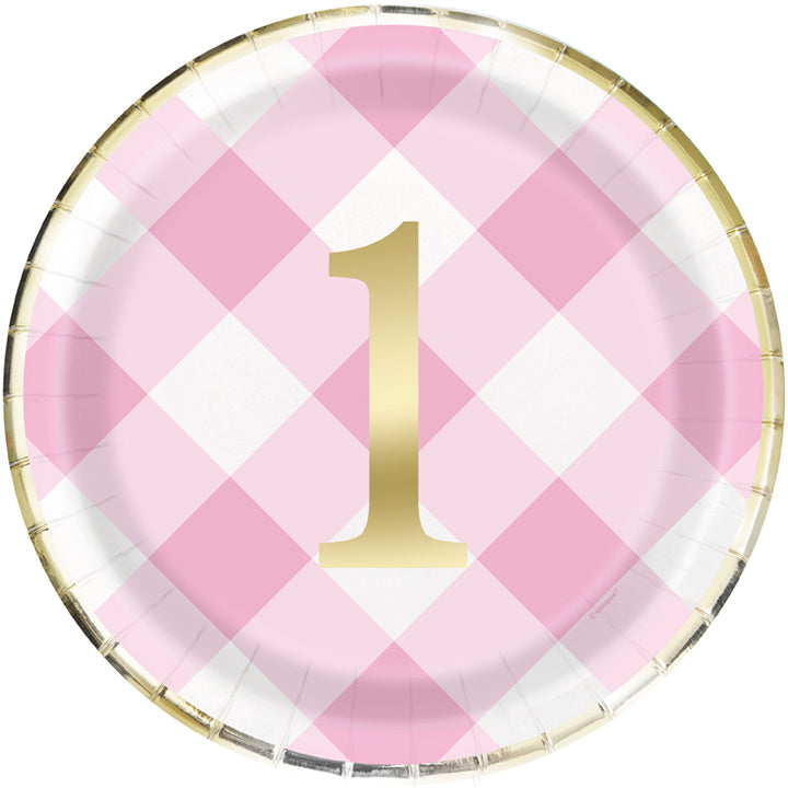 Pink Gingham 1st Birthday 9in Plates 8ct