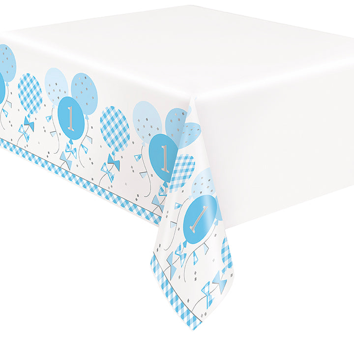 Blue Gingham 1st Birthday Rectangular Plastic Table Cover 54in x 84in