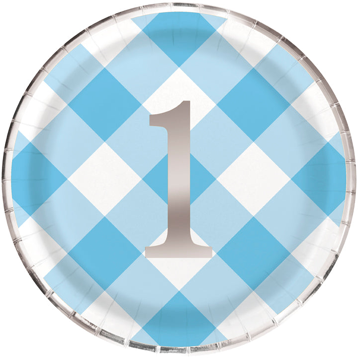Blue Gingham 1st Birthday 9in Plates 8ct