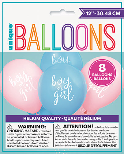 Boy or Girl Gender Reveal 12in Latex Balloons 8ct