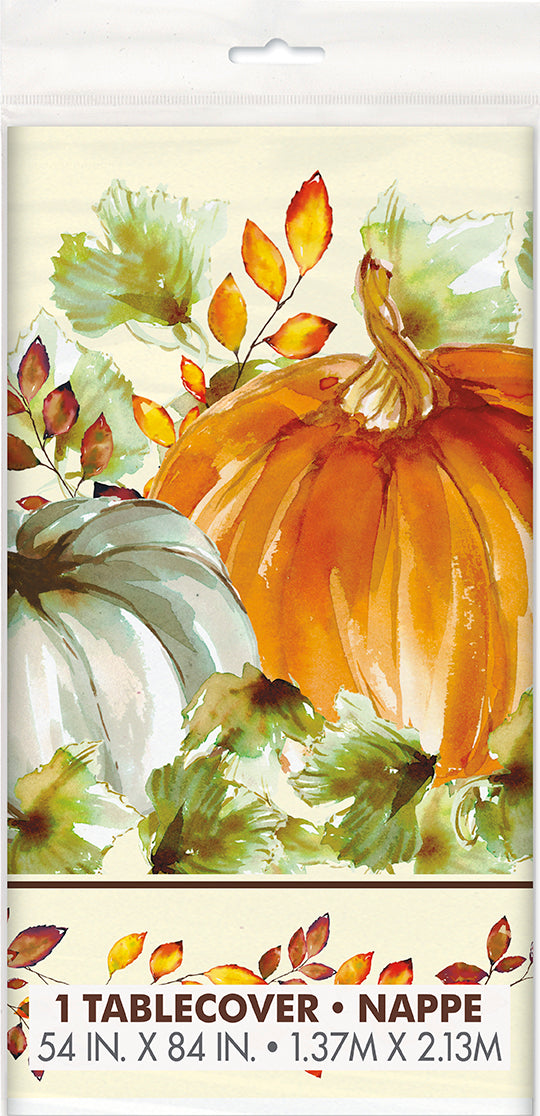 Watercolor Fall Pumpkins Rectangular Plastic Table Cover 54in x 84in