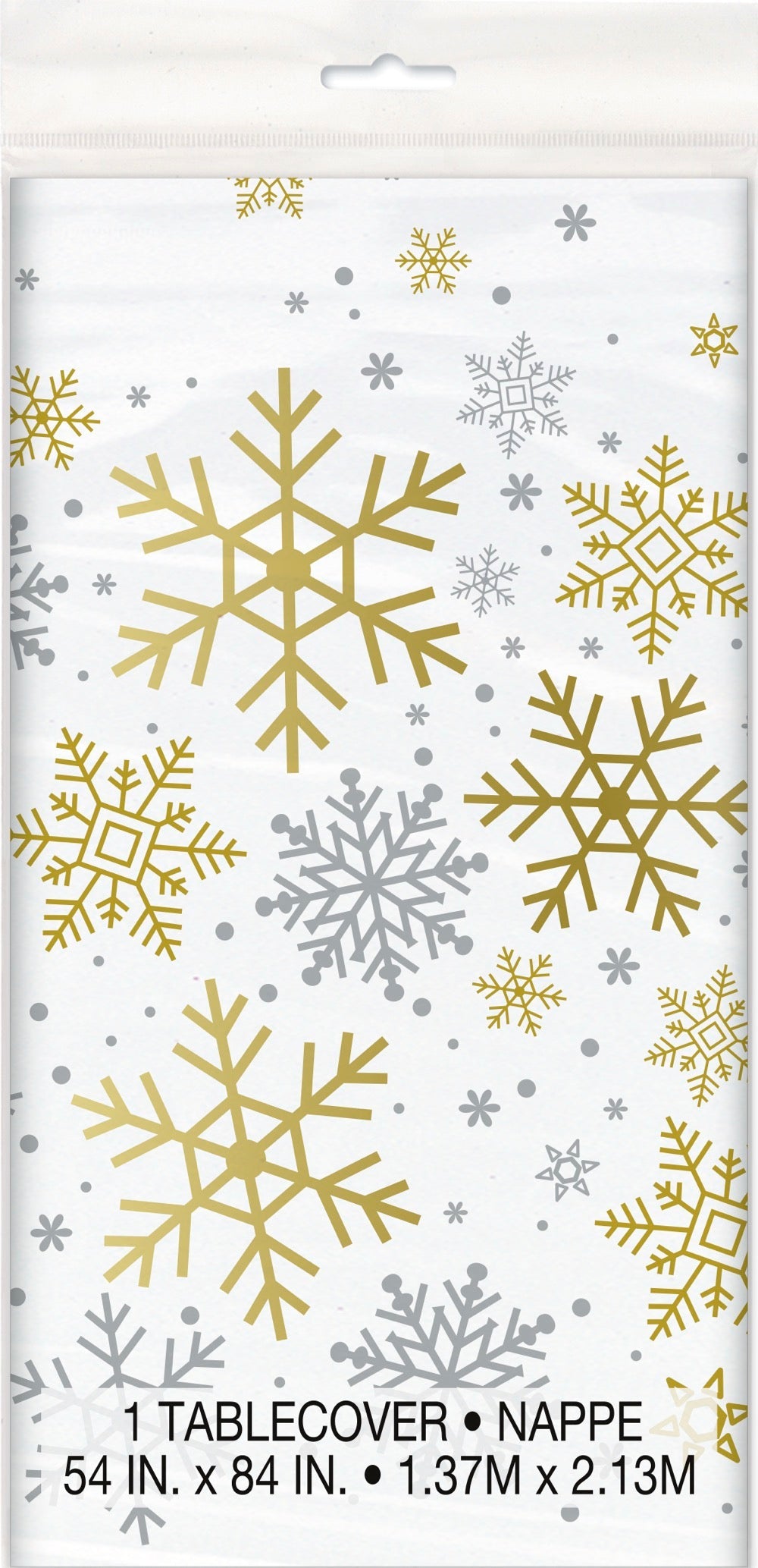 Silver & Gold Holiday Snowflakes Rectangular Plastic Table Cover 54 x 84
