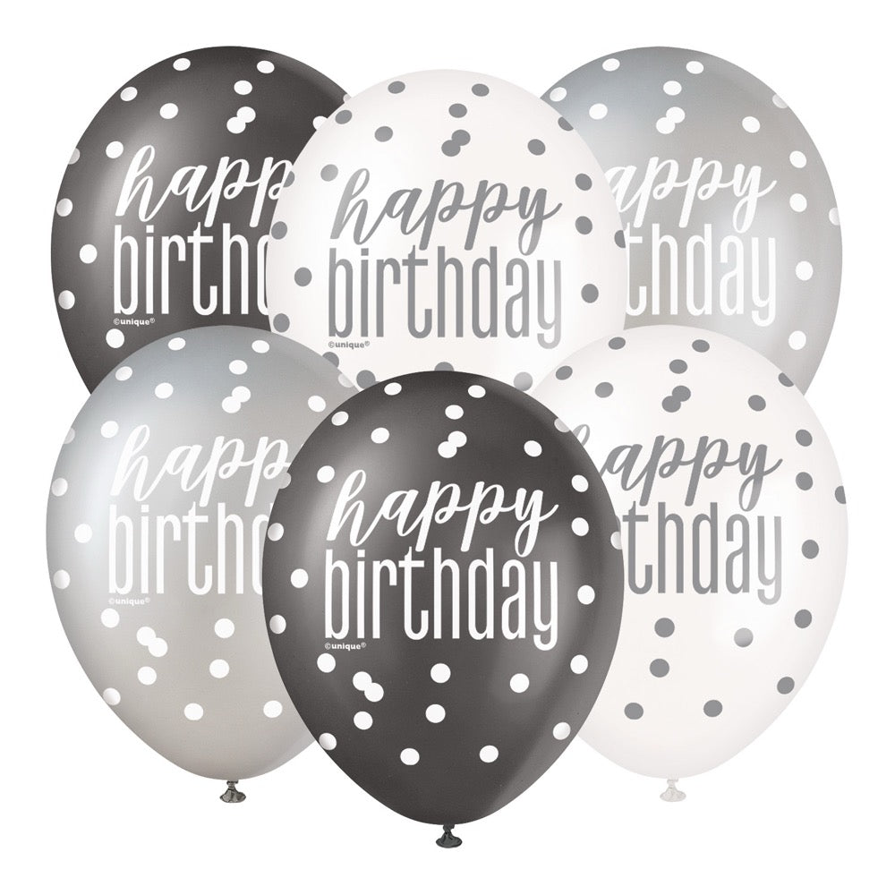 Glitz Black 12in Latex Balloons 6ct - Happy Birthday