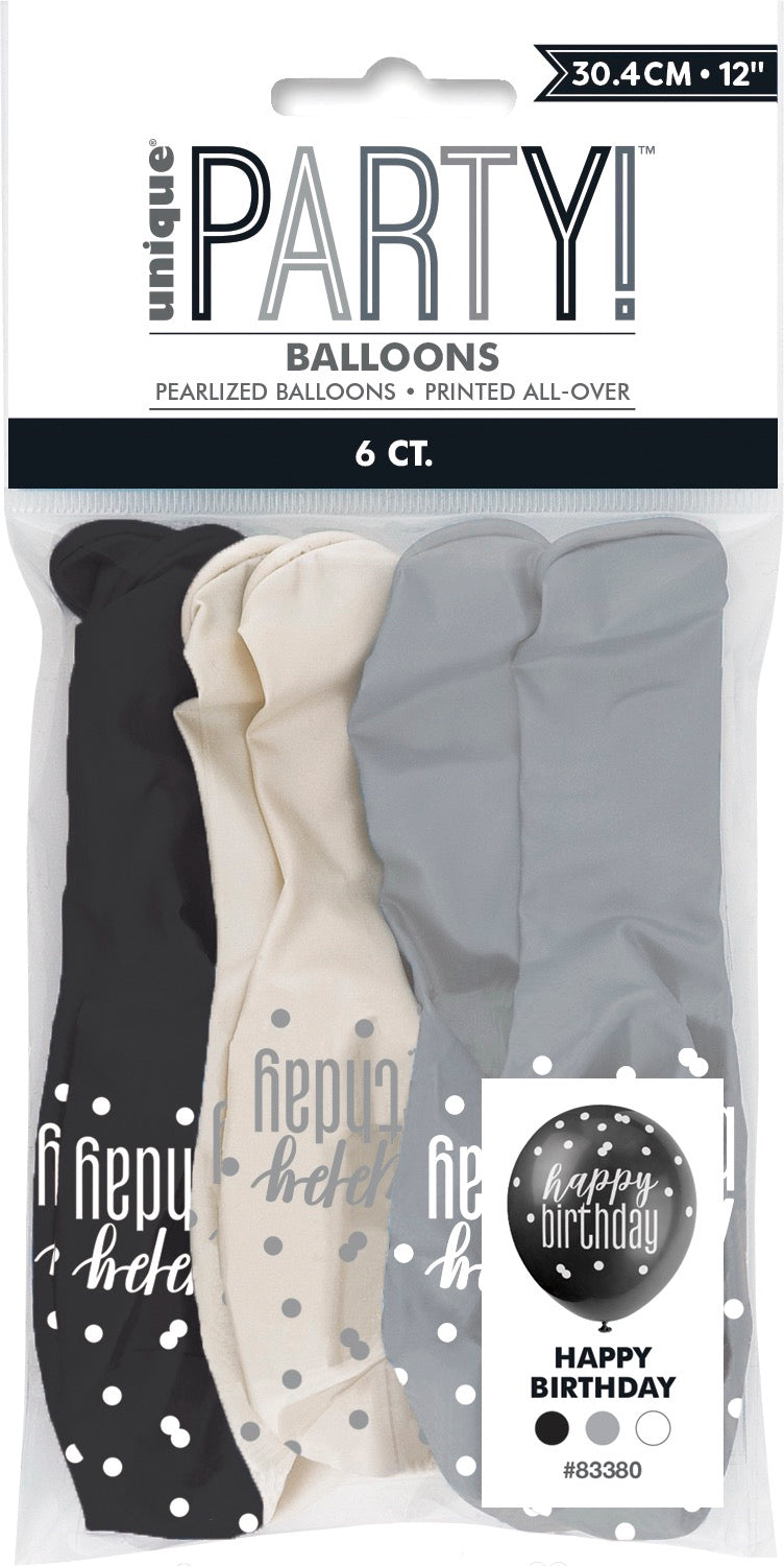 Glitz Black 12in Latex Balloons 6ct - Happy Birthday