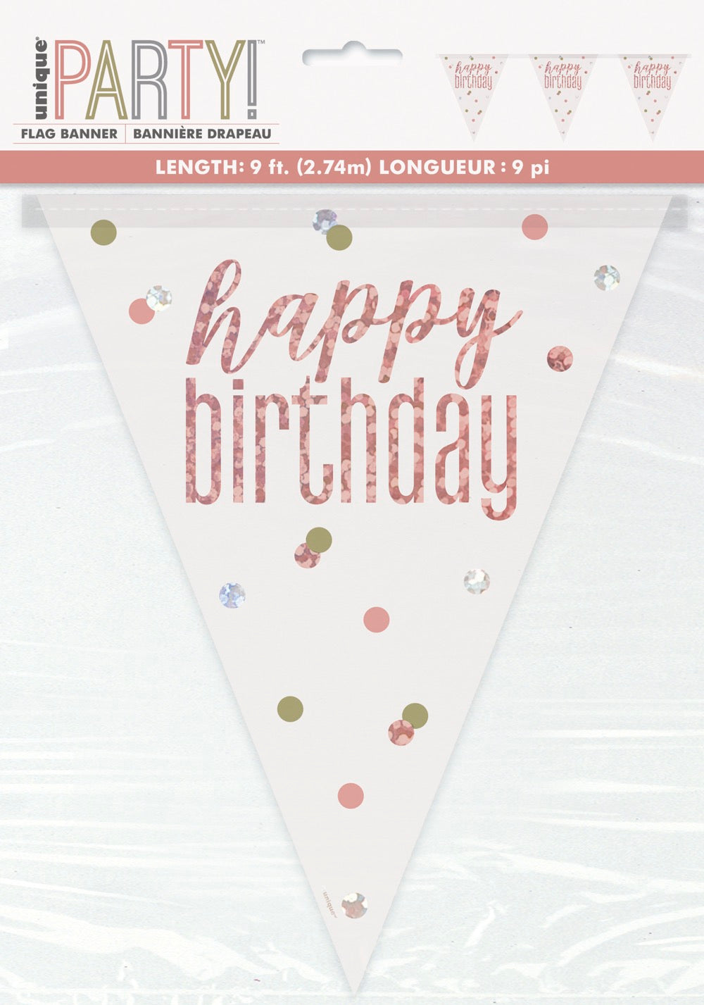 Glitz Rose Gold Prismatic Plastic Flag Banner 9ft - Happy Birthday
