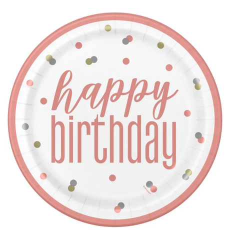 Glitz Rose Gold Happy Birthday 9in Dinner Plates 8ct