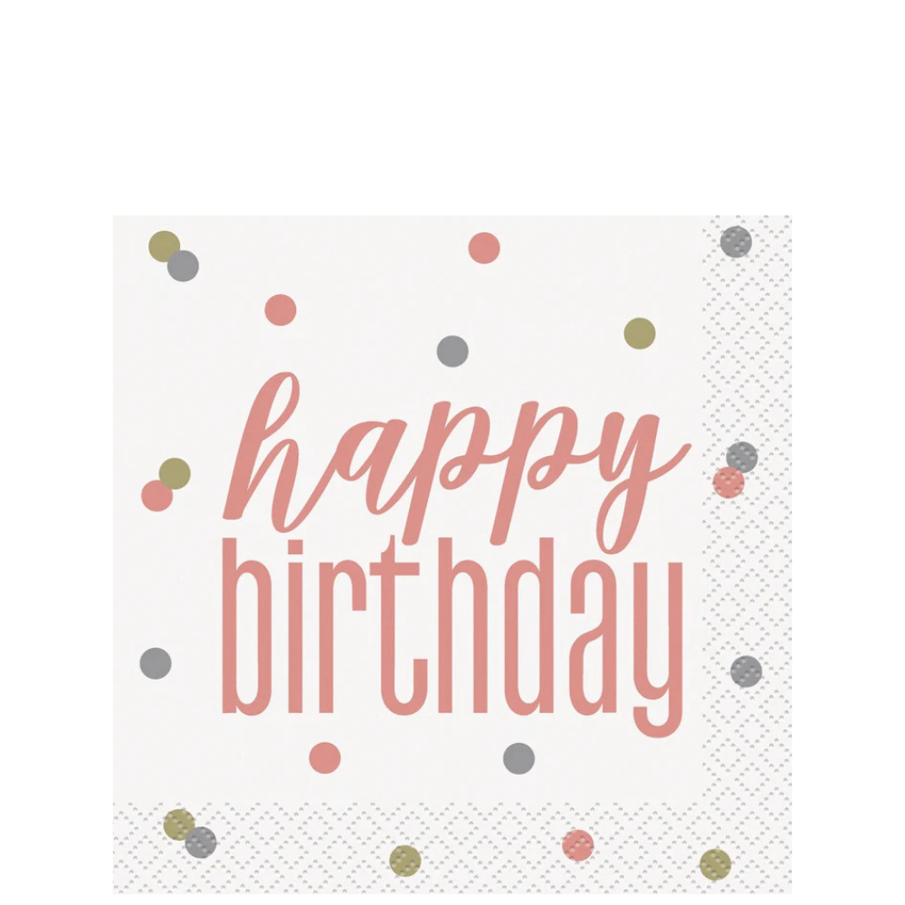 Glitz Rose Gold Happy Birthday Beverage Napkins 16ct