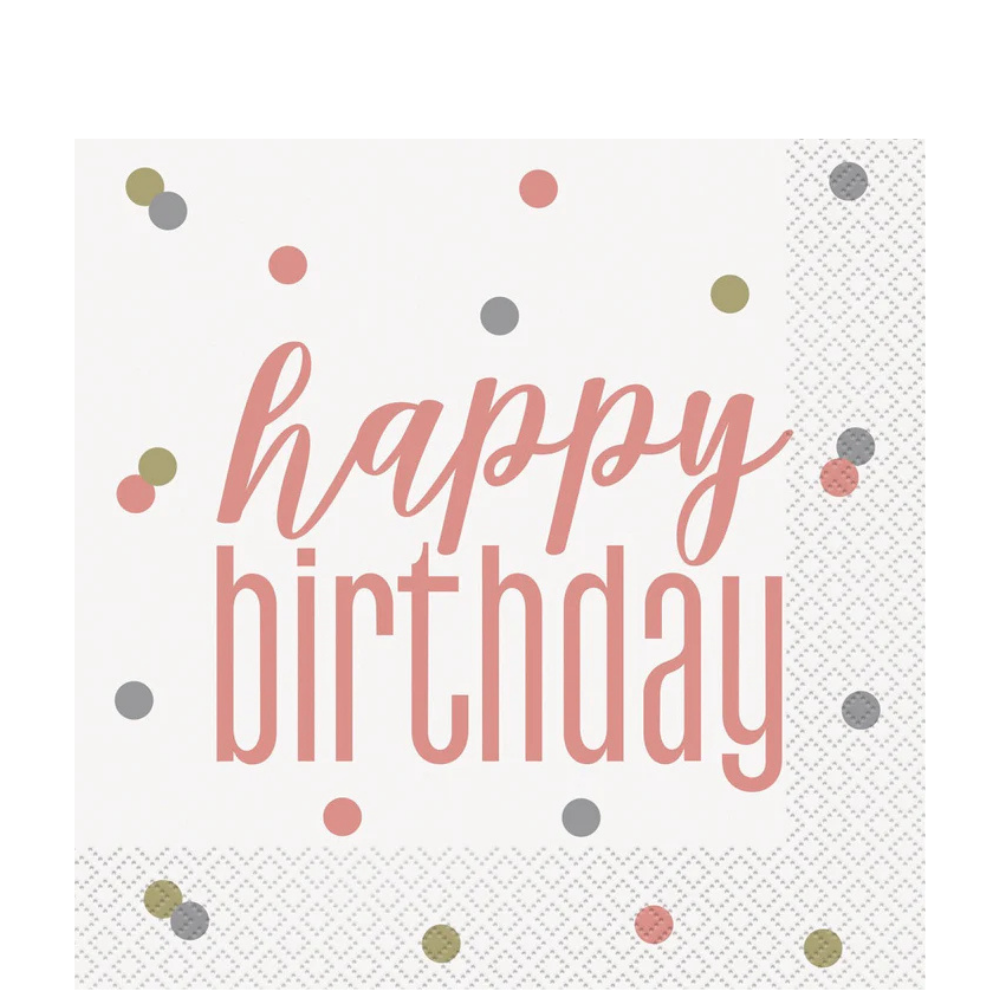 Glitz Rose Gold Happy Birthday Lunch Napkins 16ct