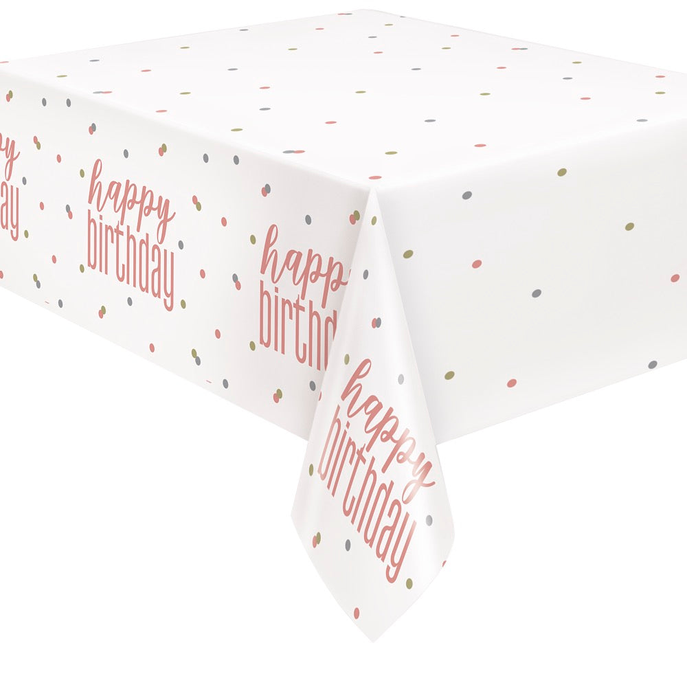 Glitz Rose Gold Happy Birthday Plastic Table Cover 54in x 84in