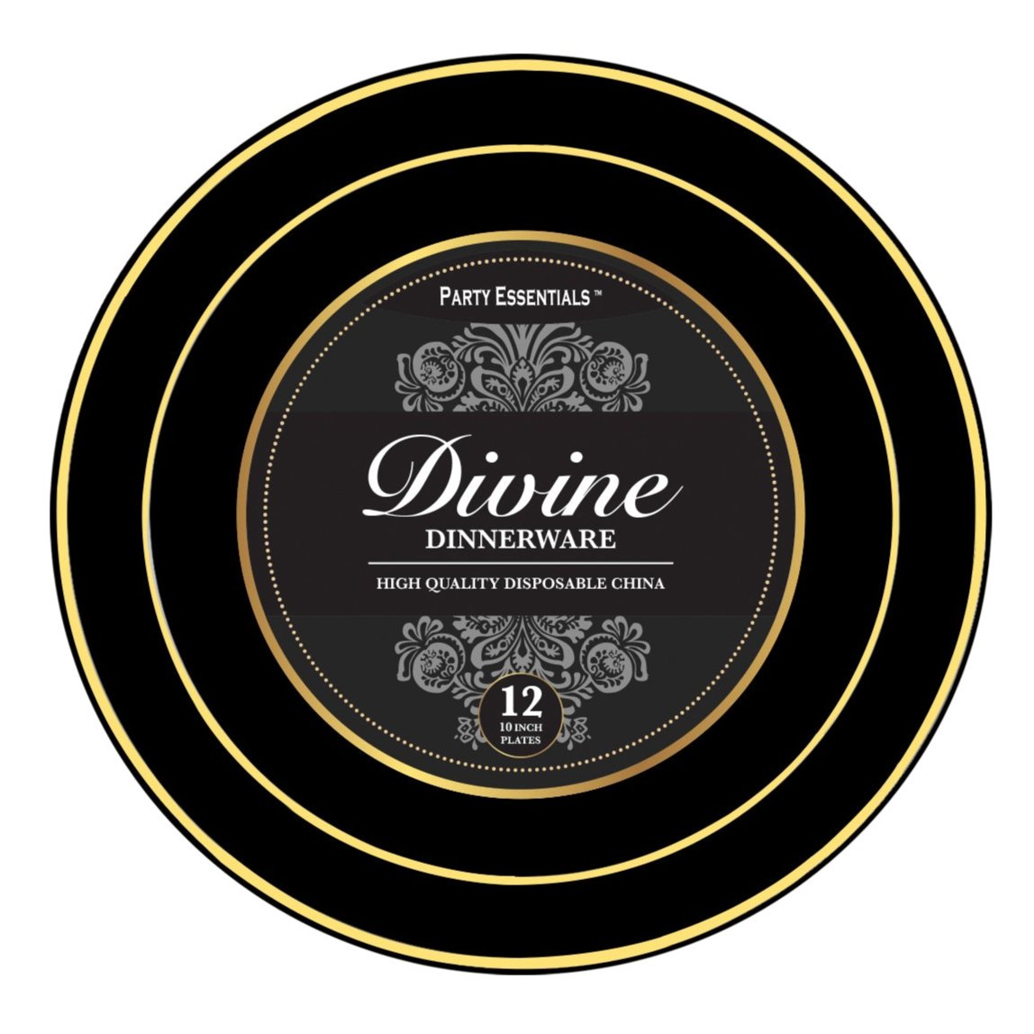 Black Plastic Plates Gold Rim 12ct