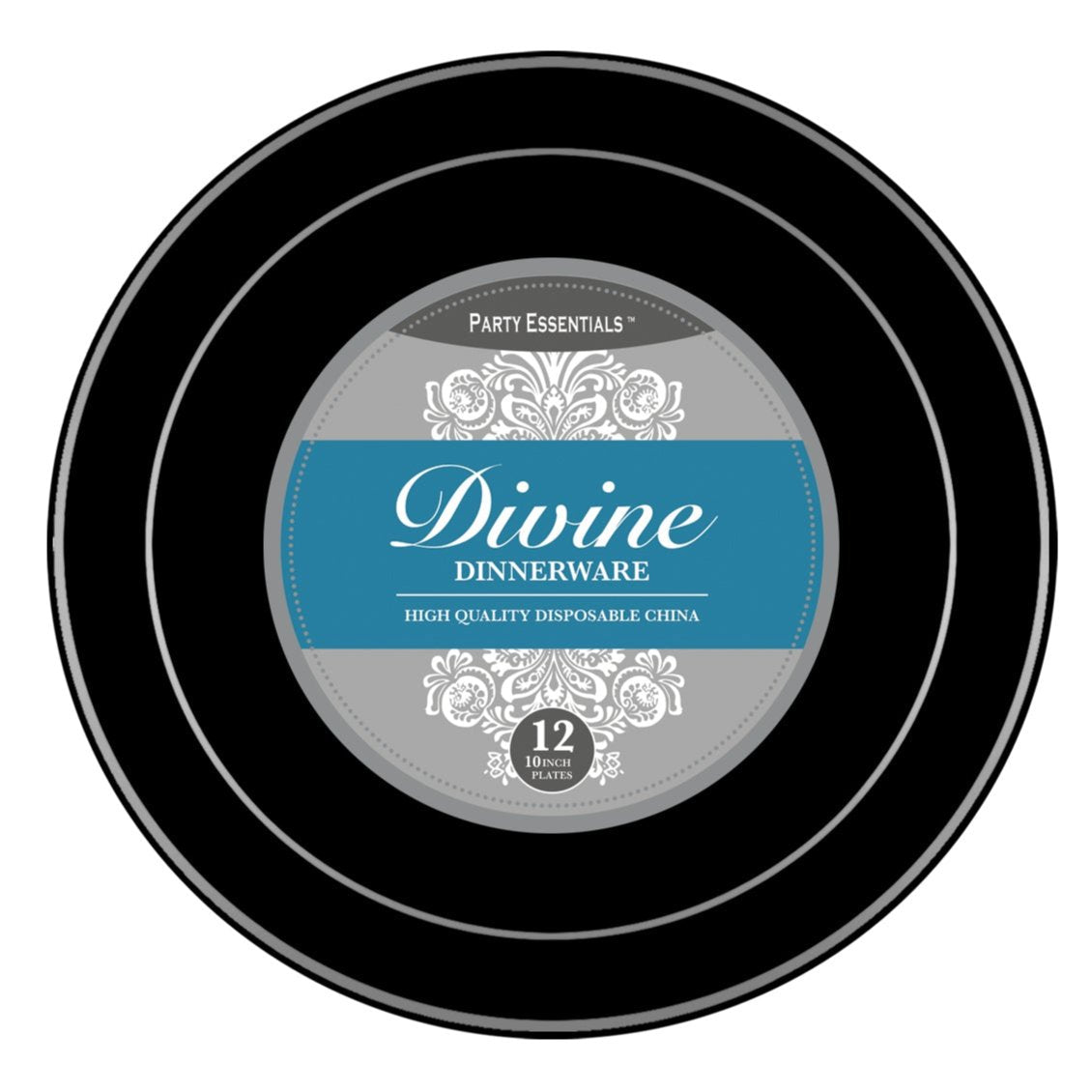 Black Plastic Plates Silver Rim 12ct