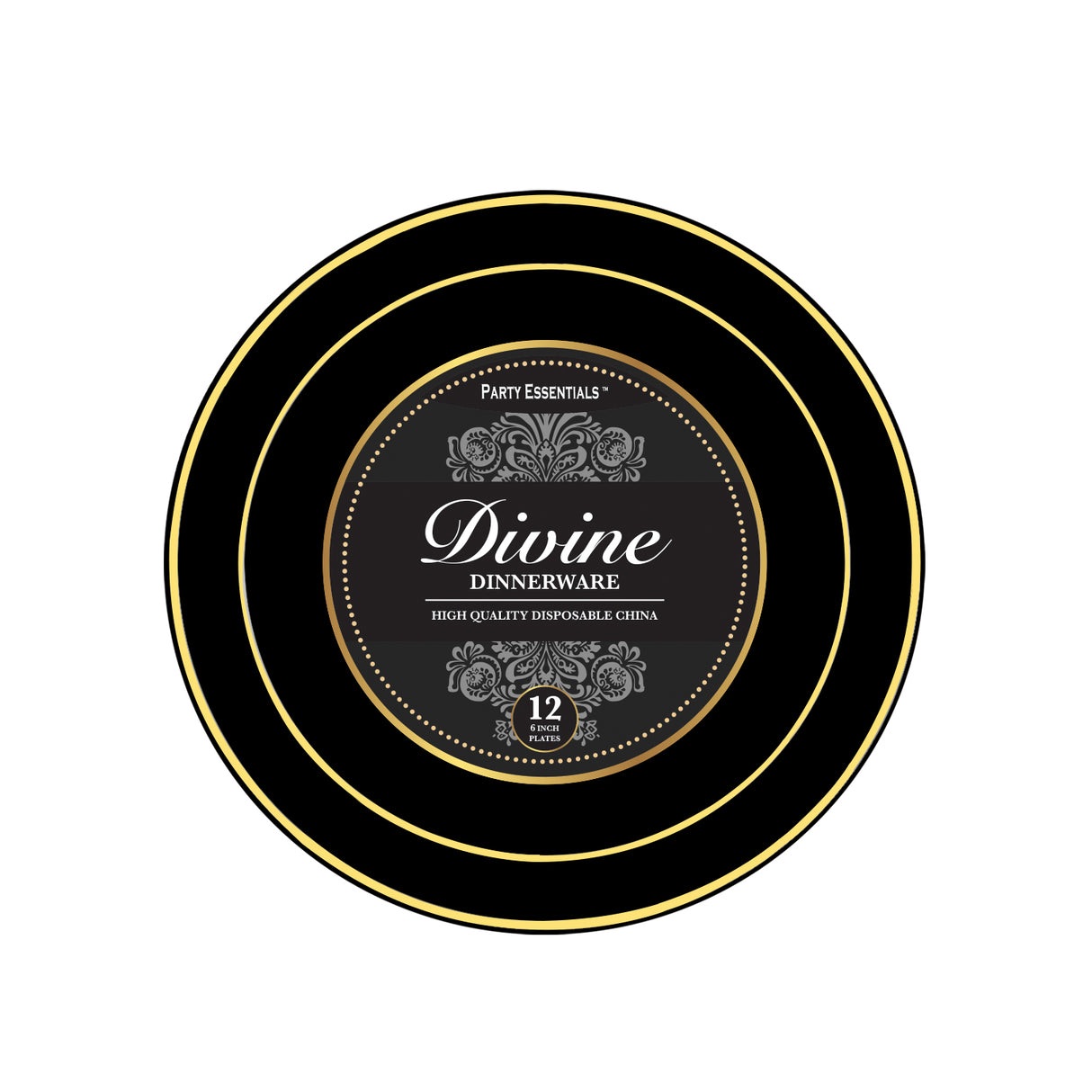 Black Plastic Plates Gold Rim 12ct