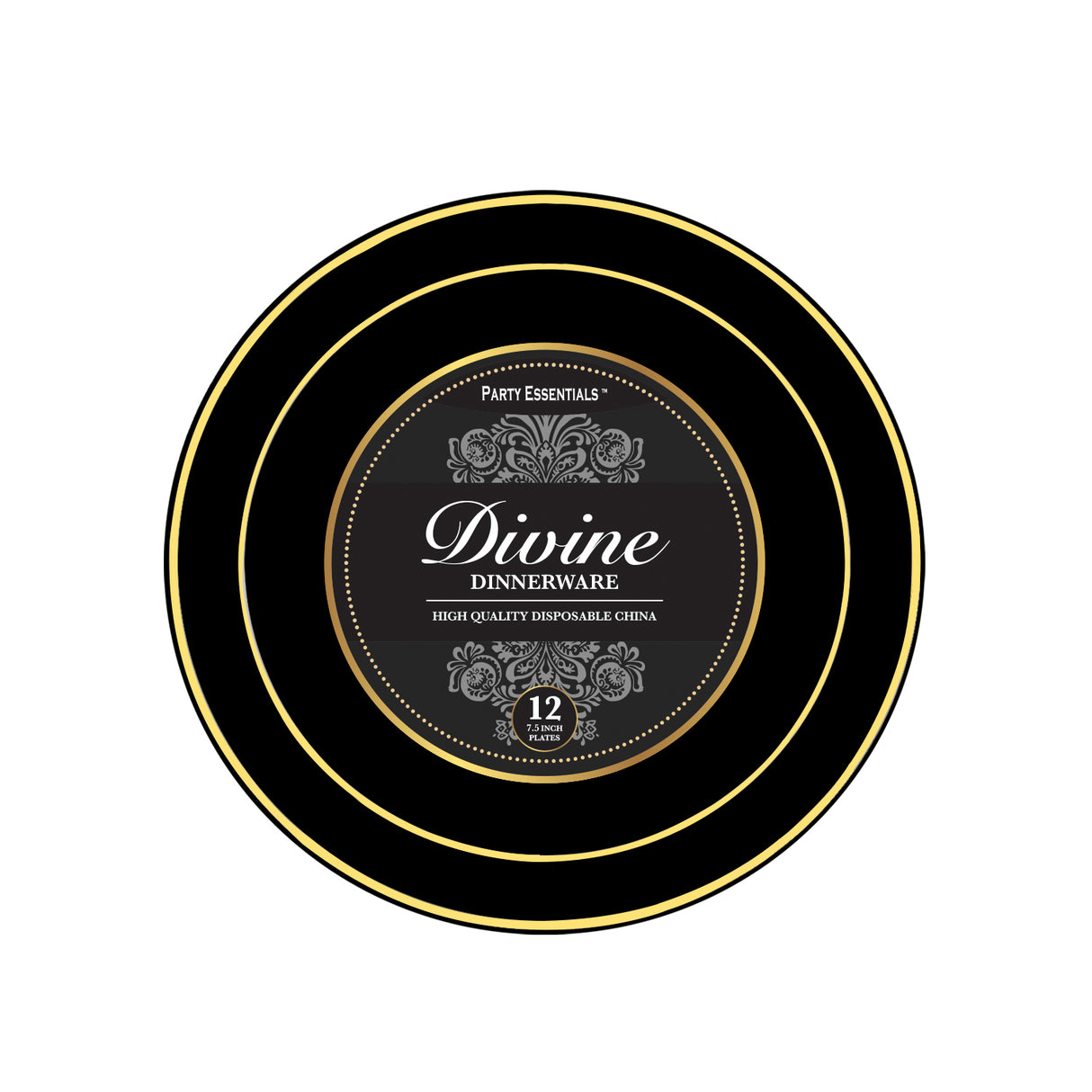 Black Plastic Plates Gold Rim 12ct