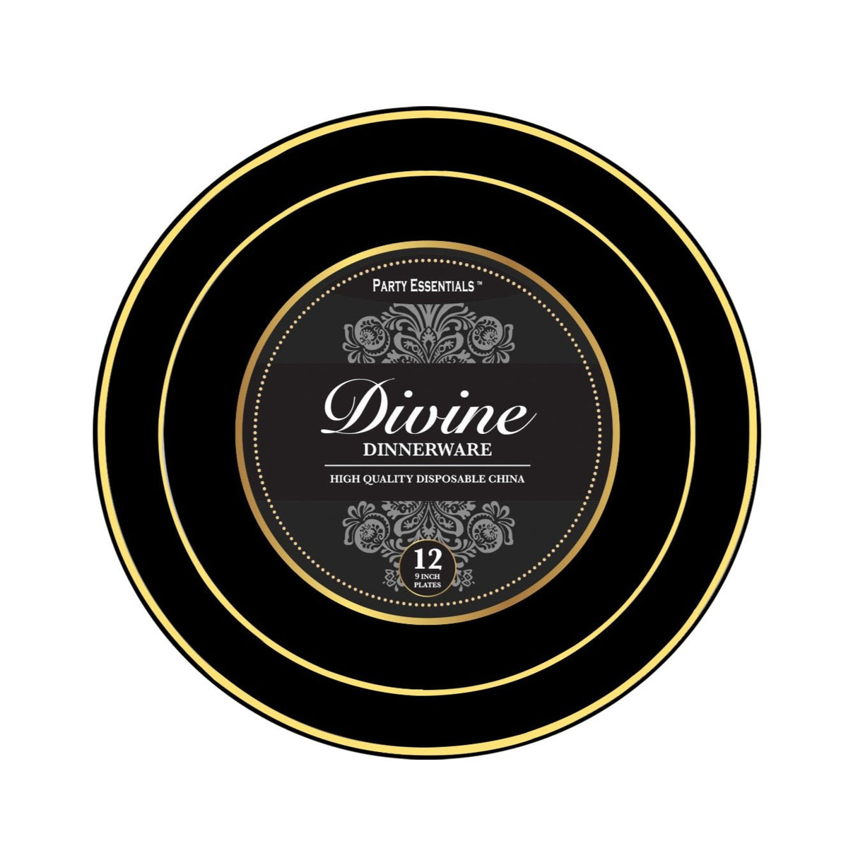 Black Plastic Plates Gold Rim 12ct