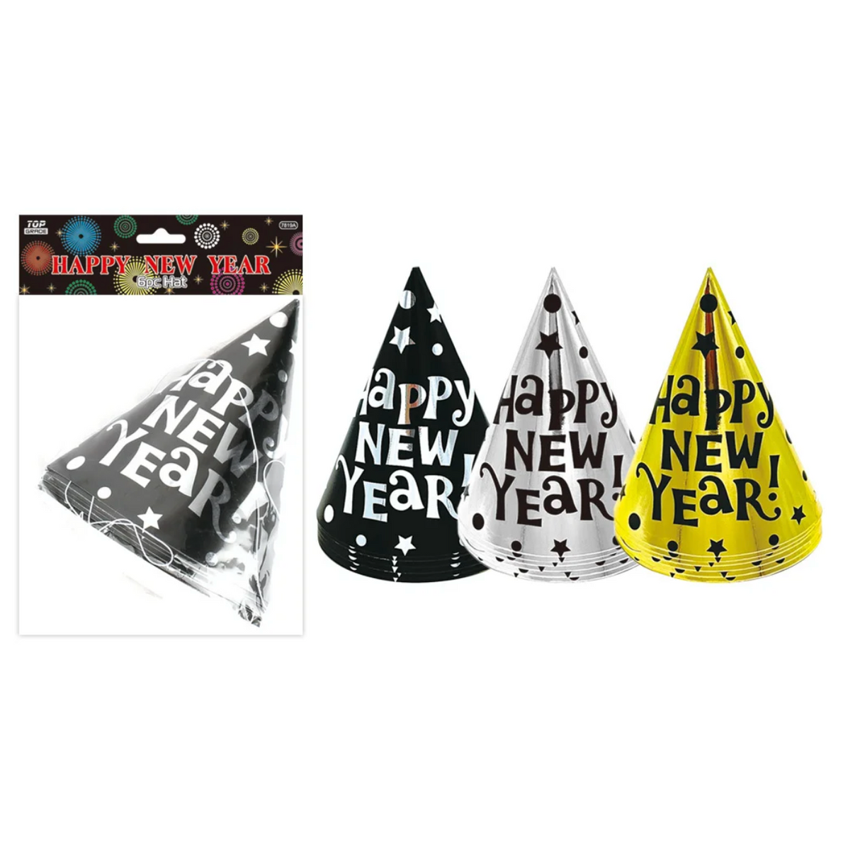 Happy New Year Cone Hats BSG 6ct - 1 Assorted Color