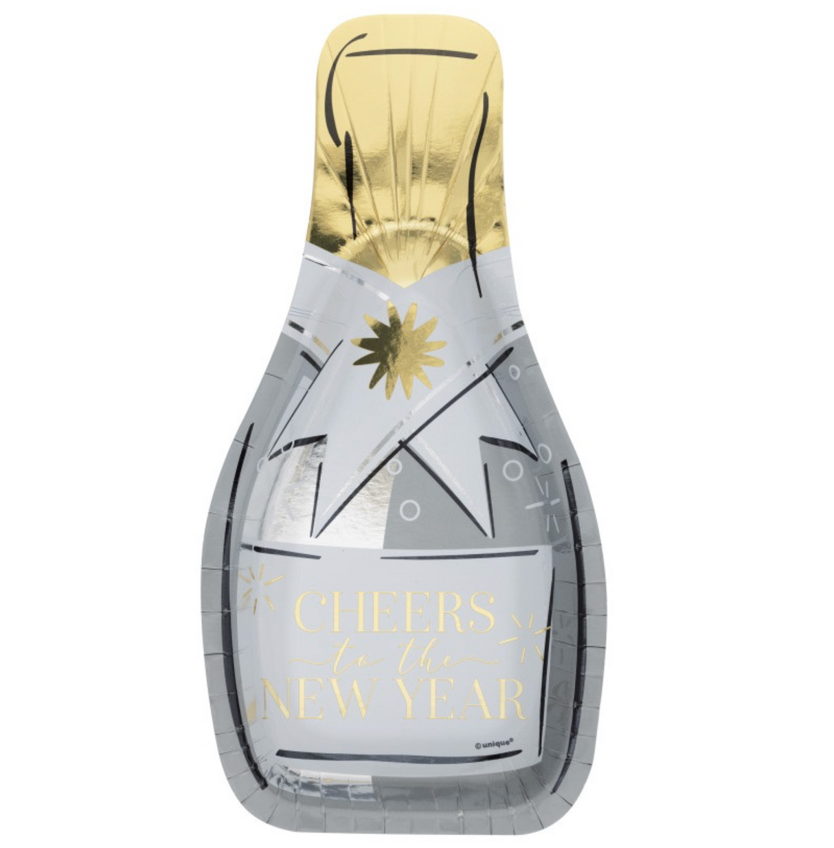 New Years "Cheers to the New Year" Bottle Shaped 10.25" Plates 8ct - Foil Board
