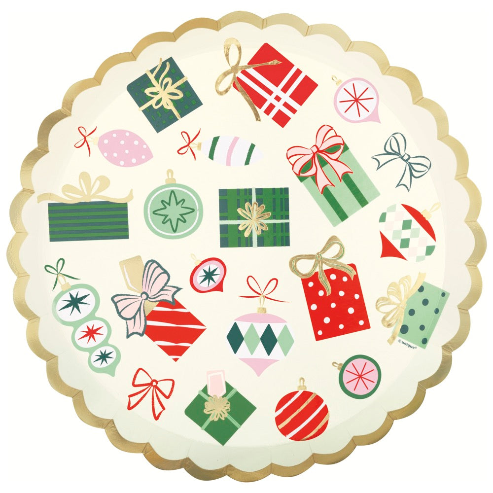 Vintage Christmas Scalloped Edge Round 11in Plates 8ct - Foil Stamping