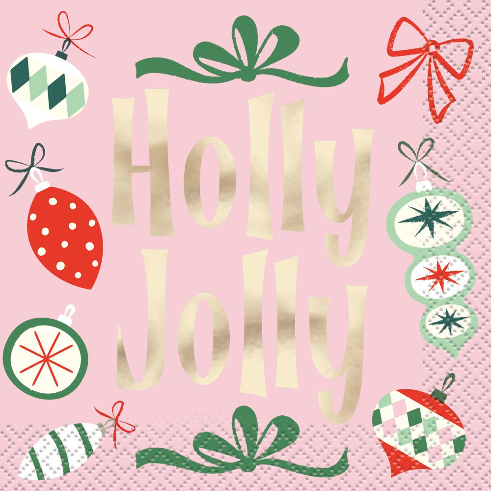 Vintage Christmas Holly Jolly Beverage Napkins 16ct - Foil Stamping