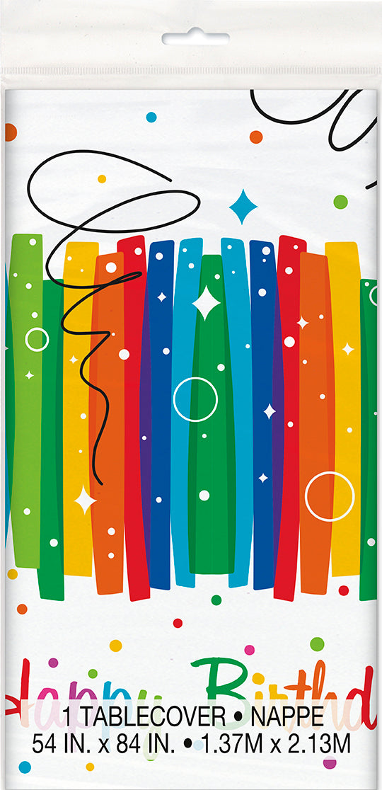 Rainbow Ribbons Birthday Rectangular Plastic Table Cover 54in x 84in
