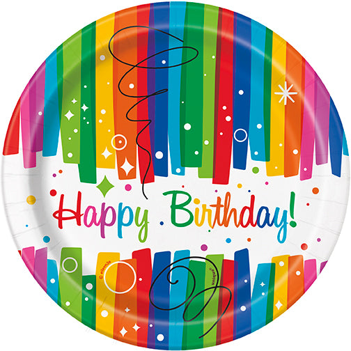 Rainbow Ribbons Birthday Round 7in Dessert Plates 8ct