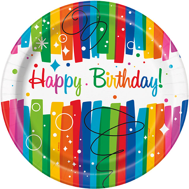 Rainbow Ribbons Birthday Round 9in Dinner Plates 8ct