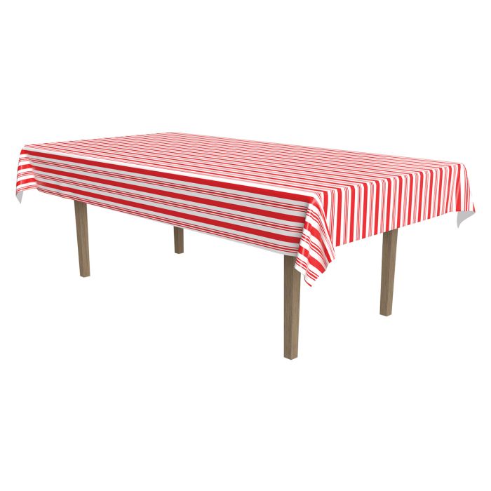 Red and White Striped Plastic Table Cover 54in x 108in