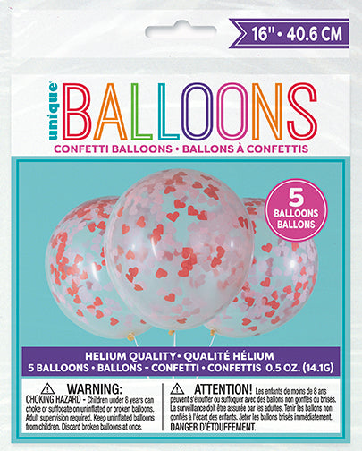 Clear 16in Latex Balloons with Heart-Shaped Confetti 5ct