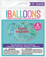 Birthday 12in Clear Latex Balloons with Bright Confetti 6ct