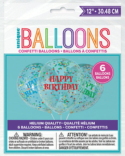 Birthday 12in Clear Latex Balloons with Bright Confetti 6ct