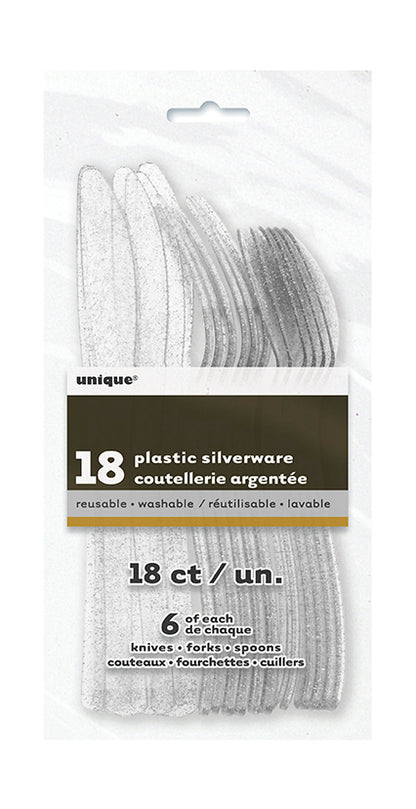Silver Glitter Assorted Plastic Cutlery 18ct