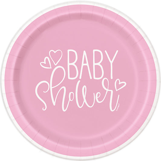 Pink Hearts Baby Shower 9in Round Dinner Plates 8ct
