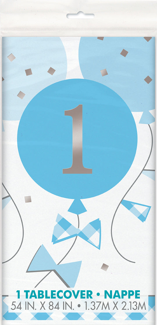 Blue Gingham 1st Birthday Rectangular Plastic Table Cover 54in x 84in
